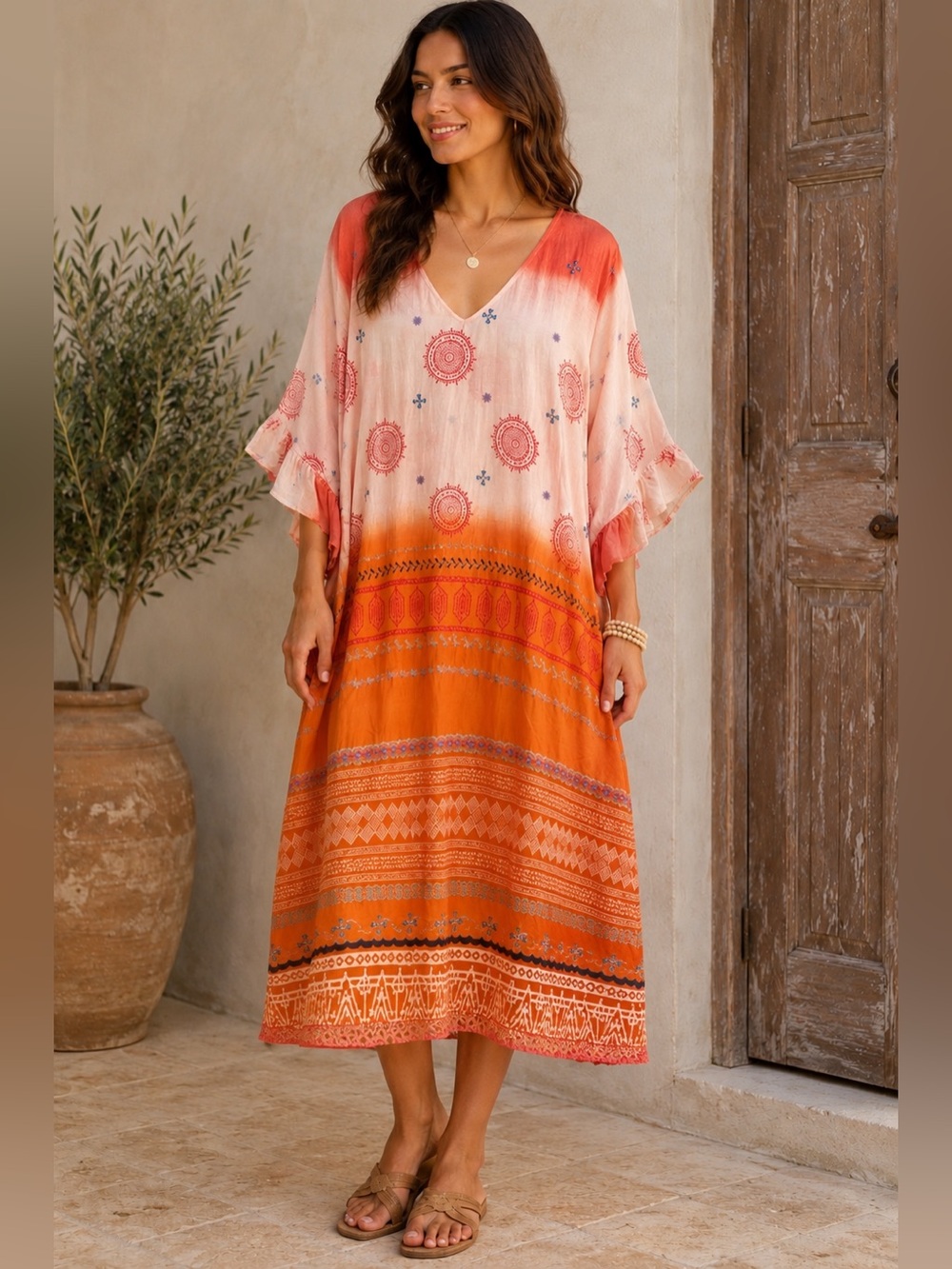 LulaSoul Embroidered Boho Kaftan Dress Embroidered Sequins 100% Cotton | Medium